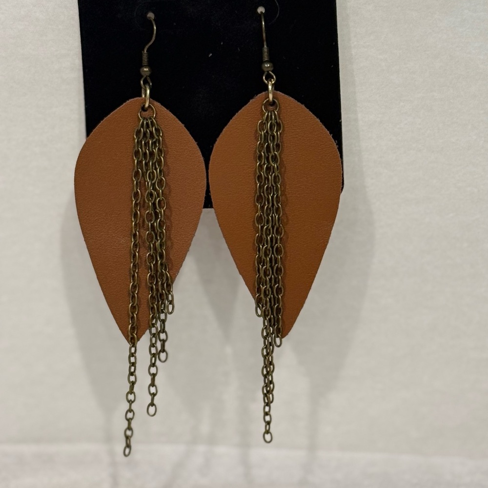 Brown Leather Leaf Earrings with Chain Fringe
